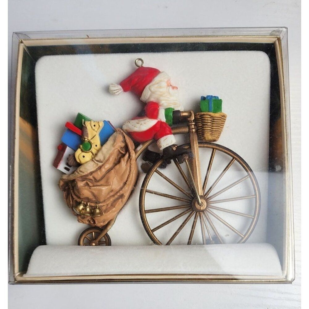 Vintage 1980's Hallmark Cycling Santa Christmas Ornament in Box